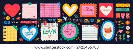 Paper valentine memo notes on stickers. Vector vintage sticky notes and pages with torn edges