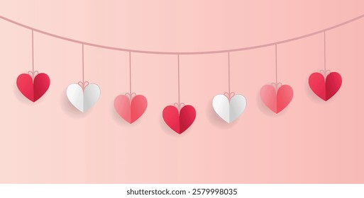 Paper valentines day hearts on pink color. Happy valentine's day background paper cut hearts style and element with red and pink color