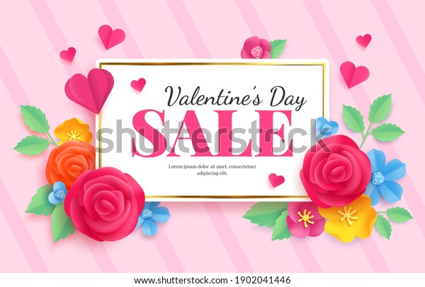 Paper valentines sale. Love celebration\
voucher banner with flovers and heart. Discount market vector\
advertising in origami. advertising, Shopping romance, february day\
promotion banner\
illustration