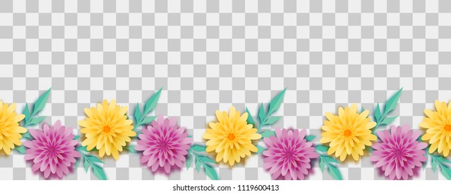 Paper vector art. Chamomile bud origami transparent background. Floral banner design. Craft 3d plant eco card. Illustration green leaf lush template.