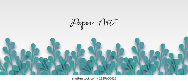 Arte vectorial de papel. Fondo aislado de origami de césped. Diseño de pancartas florales abstractas. Tarjeta ecológica de planta Craft 3d. Plantilla de hoja de ilustración.