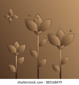 Paper vector flowers and butterfly. Vector 3d stylish floral wallpaper. Background of paper objects of nature in brown and beige colors.
