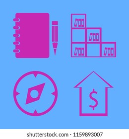 paper vector icons set. with notebook pencil, bookcase, dollar and compass in set