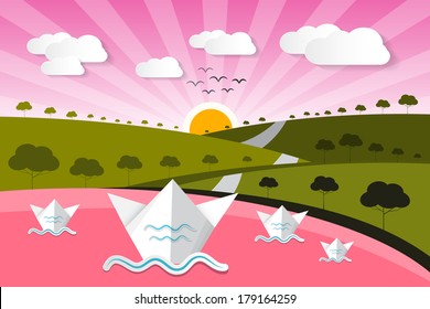 Paper Vector Nature Background with Lake, Trees, Clouds