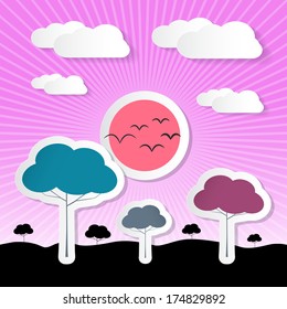 Paper Vector Nature Background with Trees, Clouds and Sun