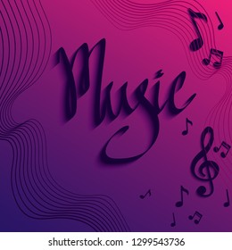 Paper violet musical notes with shadow on magenta background. Vector illustration.