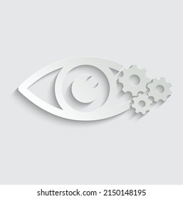 icono de visión de papel icono de ojo con símbolo de configuración vector 