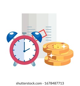 paper voucher with alarm and coins vector illustration design