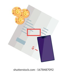 vales de papel con diseño de ilustración vectorial de teléfonos inteligentes y monedas