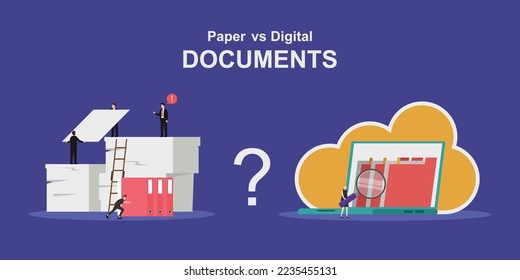 Paper vs Digital documents 2d vector illustration concept for banner, website, illustration, landing page, flyer, etc