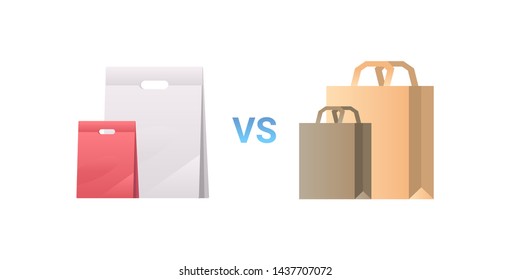 paper vs plastic bags different packages packet handle icon zero waste concept flat white background horizontal