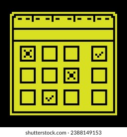 Paper wall calendar Pixel silhouette icon. Marking days of the week, months on calendar. Simple black and yellow vector