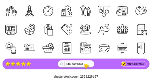 Paper wallpaper, Refrigerator and Espresso line icons for web app. Pack of Charging station, Ceiling lamp, Card pictogram icons. Credit card, Qr code, Return package signs. Bitcoin atm. Vector