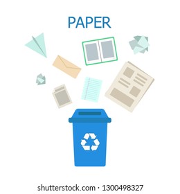 Paper waste blue bin. Waste sorting and recycling concept. Color vector ilustration.