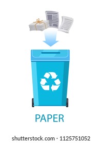 Paper waste and blue container with recycling sign piles of publication production newspapers pages headline of posterr isolated on vector illustration