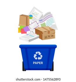 paper waste and blue recycling plastic bin isolated on white background, plastic bin and paper recycling garbage, waste paper trash, illustration clip art bin, 3r garbage vector