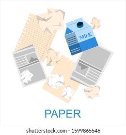 Paper waste collection vector isolated. Separate your waste concept. Old newspaper, milk box and other package. Reuse and recycling.