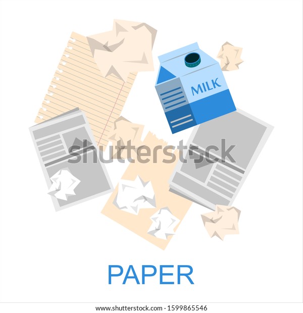 Paper waste collection vector isolated.\
Separate your waste concept. Old newspaper, milk box and other\
package. Reuse and\
recycling.