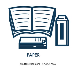 Paper waste or garbage set, products made of carton material. Book and textbook, notepaper package box isolated collection. Separation and sorting of disposals environment care, vector in flat style