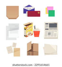 Paper waste items. Paper packaging. Flat design illustrations