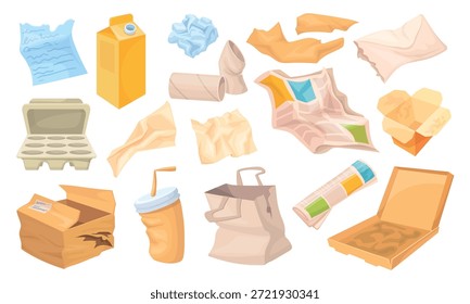 Desperdicios de papel. Reciclar la basura, clasificó las cajas de cartón de la basura Papeles arrugados aplastar tazas de café Cuaderno de diario Reciclaje de residuos de papel Basura post eliminación, Ilustración vectorial limpia