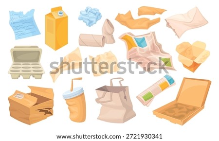 Paper waste. Recycle trash, sorted garbage cardboard boxes crumpled papers crush coffee cups newspaper notebook recycling paperwaste post disposal rubbish, neat vector illustration