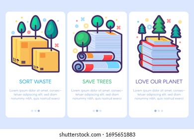 Paper Waste Recycling Set Of Posters. Template Flyers with Copy Space, Garbage Sorting, Ecology and Pollution Concept. Sort Waste, Save Trees, Love Our Planet