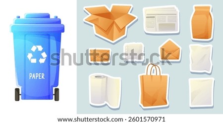 Paper waste sorting, blue waste paper container, waste separation and recycling. Stickers, sorting game for children, teaching eco-friendly habits.