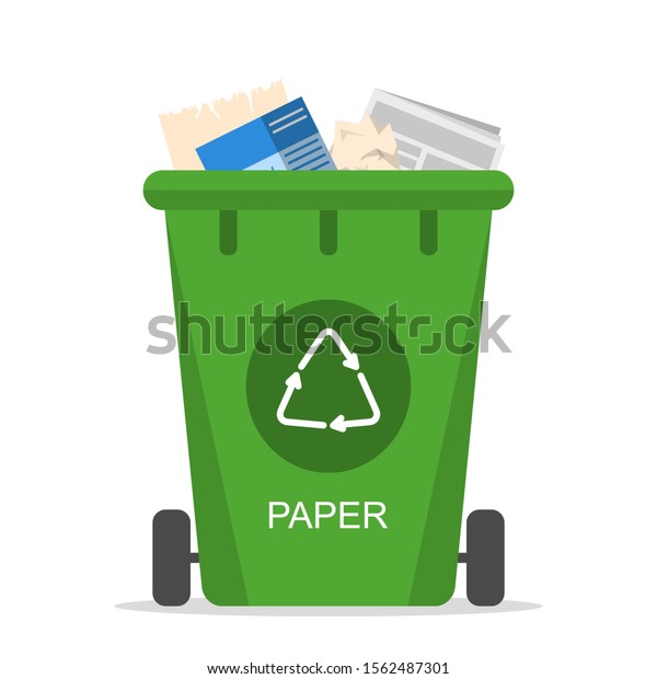 Paper waste in the trash box vector isolated.\
Separate your waste concept. Old newspaper, book, milk box and\
other package. Reuse and\
recycling.