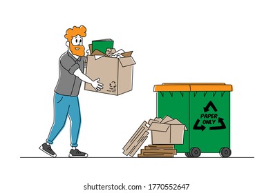 Paper Waste or Trash Recycle, Stop Pollution Concept. Young Man Character, Volunteer Carry Pile of Old Used Carton in Box. Ecology Protection, Wastepaper Recycling Solution. Linear Vector Illustration