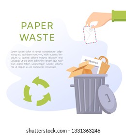 Paper waste vector illustration. Office and home stuff - sheets, newspaper, package, cardboard box, envelope. Recycling ecology problem isolate on white background objects collection.
