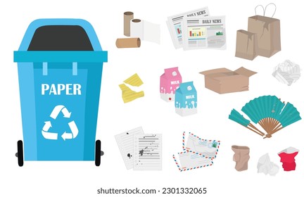 Paper waste vector set isolated on white background. Newspapers, boxes, notebooks, hand fan, paper cup. Collection of recycled paper products. Recyclable paper trash vector illustration. Cartoon style