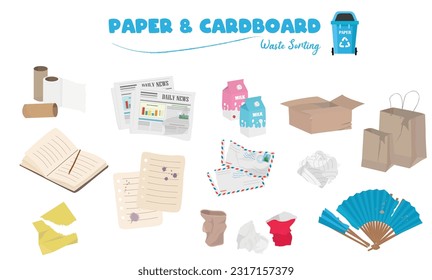 Vector de residuos de papel aislado en fondo blanco. Periódicos, cajas, cuadernos, abanico de manos, taza de papel. Colección de productos de papel reciclados. Ilustración del vector de la basura de papel reciclable. Estilo de la caricatura