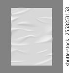 Paper wave wrinkled poster. Realistic glued creased rectangular white banner. Wet paper sheet template. Empty adhesive crumpled tape. Uneven vertical placard blank. Vector sticker