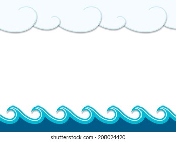 Paper waves and clouds, nautical cartoon scenery.