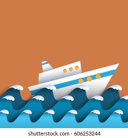 Paper waves and cruise liner. Seascape - waves with sea foam. Vector paper art style