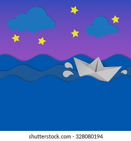 Paper waves and origami boat at night. Vector illustration.