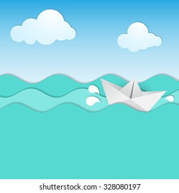 Paper waves and origami boat. Vector illustration.