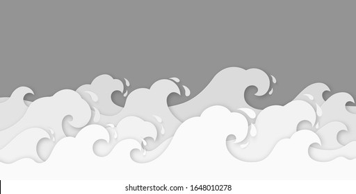 Paper waves. Water wave paper cut decor, beauty marine landscape. Curly ocean, sea waves in origami style wallpaper, vector pattern cutting frame background