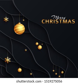 Paper wavy cut style poster or greeting card design decorated with hanging golden baubles, stars and snowflakes for Merry Christmas celebration.