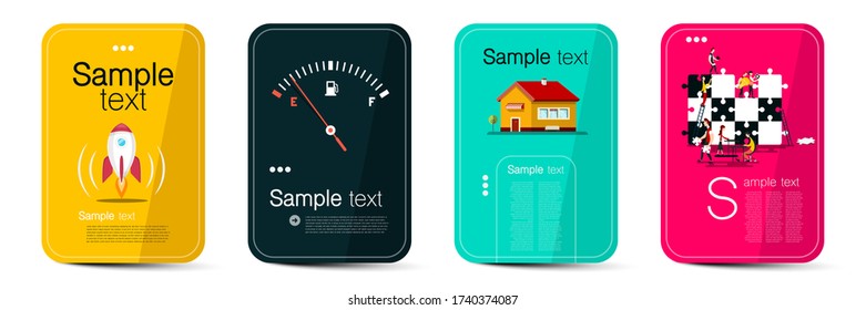 Paper or Web Design Template Set with House, Rocket Launch, Fuel Level and Business People Solving Puzzle - Vector