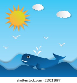 Paper Whale On Summer Background - Vector Illustration, Graphic Design Editable For Your Design