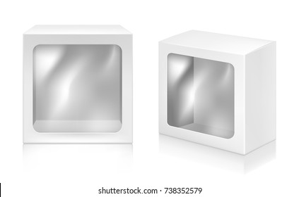 Paper white boxes with window set mock-up vector template. Good for packaging design.