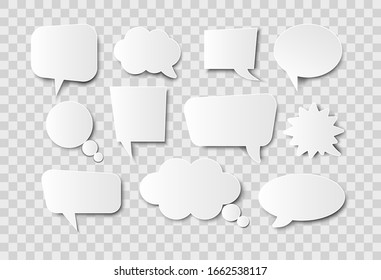 Burbujas blancas de papel sobre fondo transparente. Burbujas de voz en blanco para texto. 