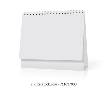 A paper white calendar stands on the table. Mock Up Vector Template