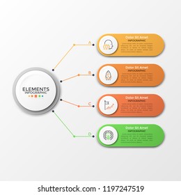 Paper white circle connected to 4 colorful rounded elements with linear icons and place for text inside. Concept of four features of business project. Infographic design template. Vector illustration.