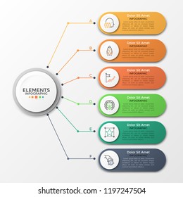 Paper white circle connected to 6 colorful rounded elements with linear icons and place for text inside. Concept of six features of business project. Infographic design template. Vector illustration.