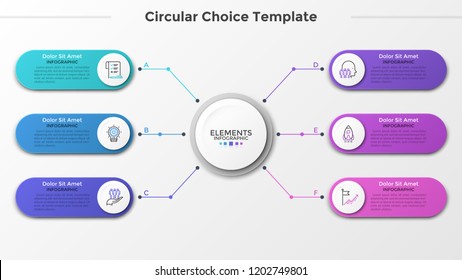 Paper White Circle Connected To 6 Colorful Rounded Elements With Linear Icons And Place For Text Inside. Concept Of Six Features Of Business Project. Infographic Design Template. Vector Illustration.