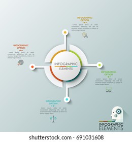 Paper white circular diagram divided into 4 equal parts connected with thin line icons and text boxes. Visualization of cyclical business process with four steps. Vector illustration for brochure.