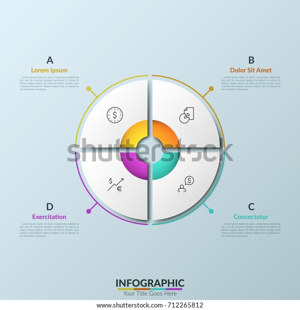 Paper white circular pie chart divided into\
4 equal sectors with round hole in center, thin line pictograms and\
text boxes placed around it. Clean infographic design template.\
Vector illustration.
